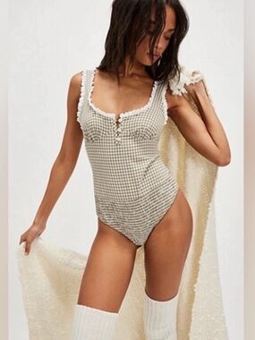 Free People Cassie Bodysuit Green Plaid Size XS